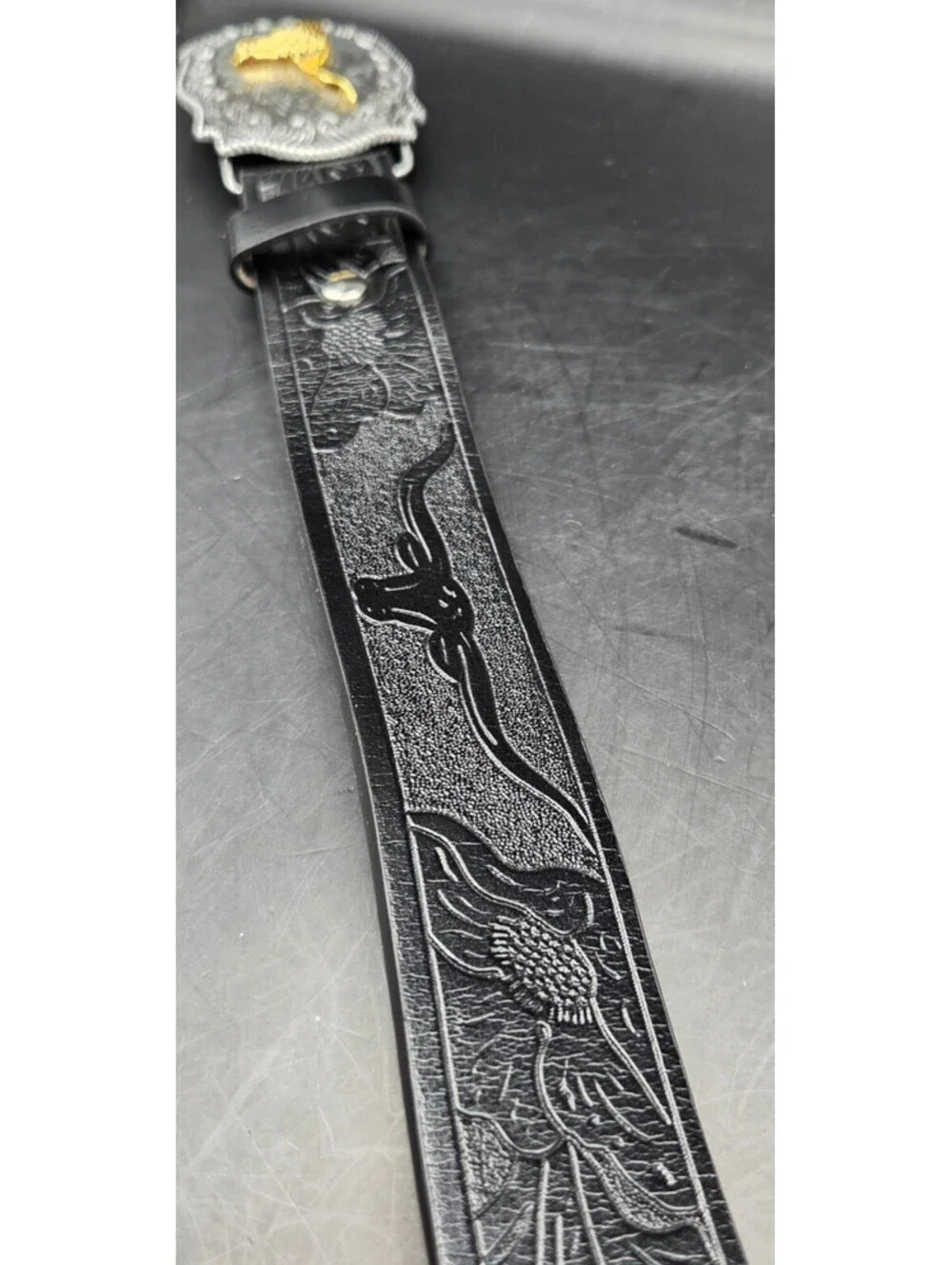 Western Leather Belt Mens 42 Black Floral Engraved Longhorn Buckle 1.25in